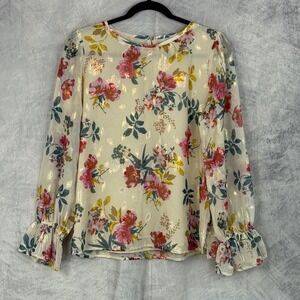 LOFT Floral Sheer Balloon Sleeve Top Women's Sz M fairy Ethereal Iridescent